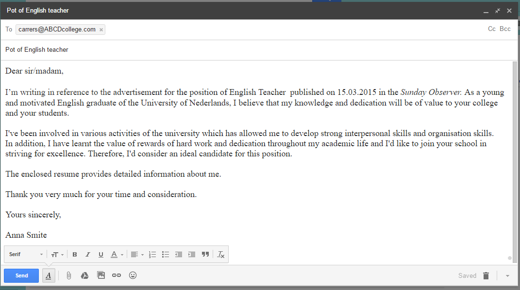 english email example formal