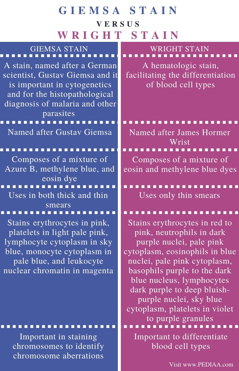 Difference Between Giemsa Stain and Wright Stain - Comparison Summary