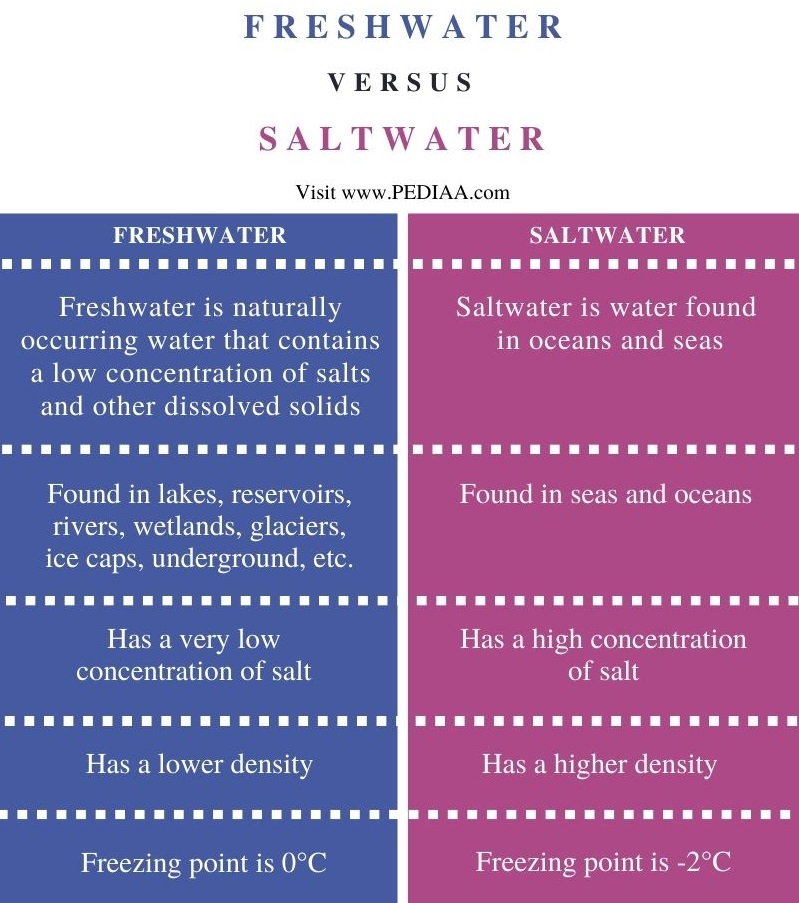Difference Between Freshwater and Saltwater - Comparison Summary